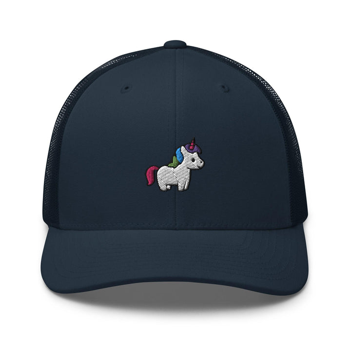 a blue trucker hat with a unicorn embroidered on the front
