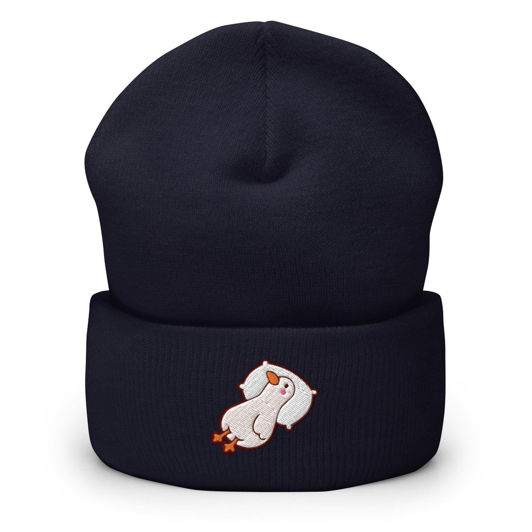 a black beanie with a white bear on it