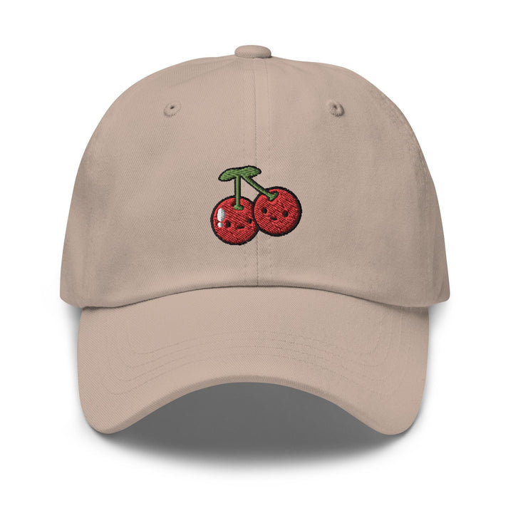 a baseball cap with cherries embroidered on the front