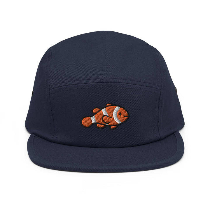 a blue hat with an orange clown fish embroidered on it