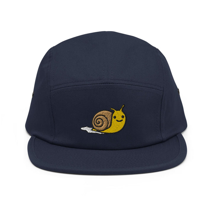 a blue hat with a snail embroidered on it