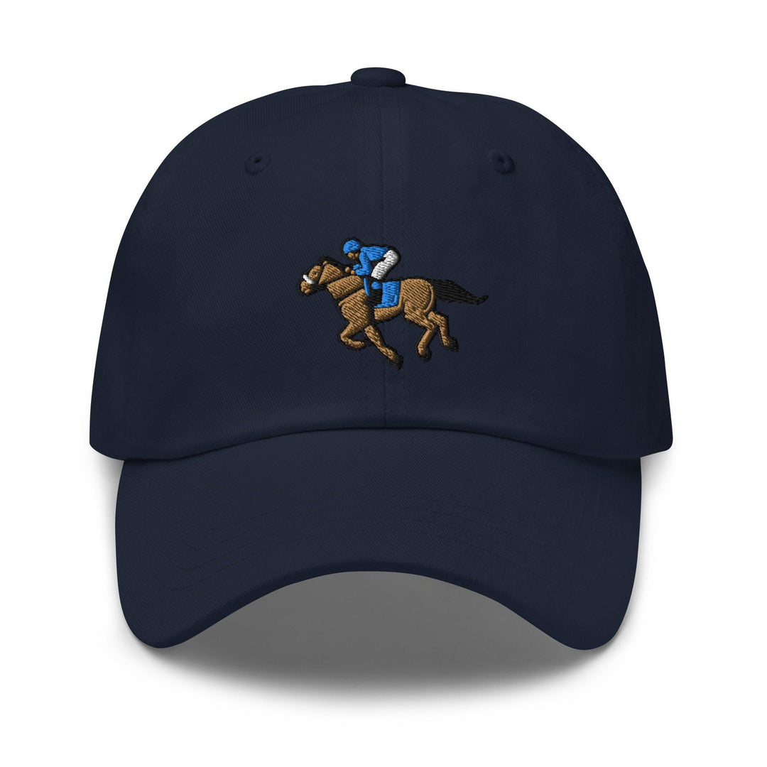 a blue hat with a horse and jockey on it