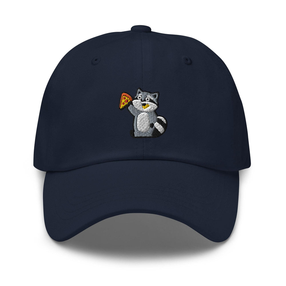 a blue hat with a raccoon holding a pizza slice