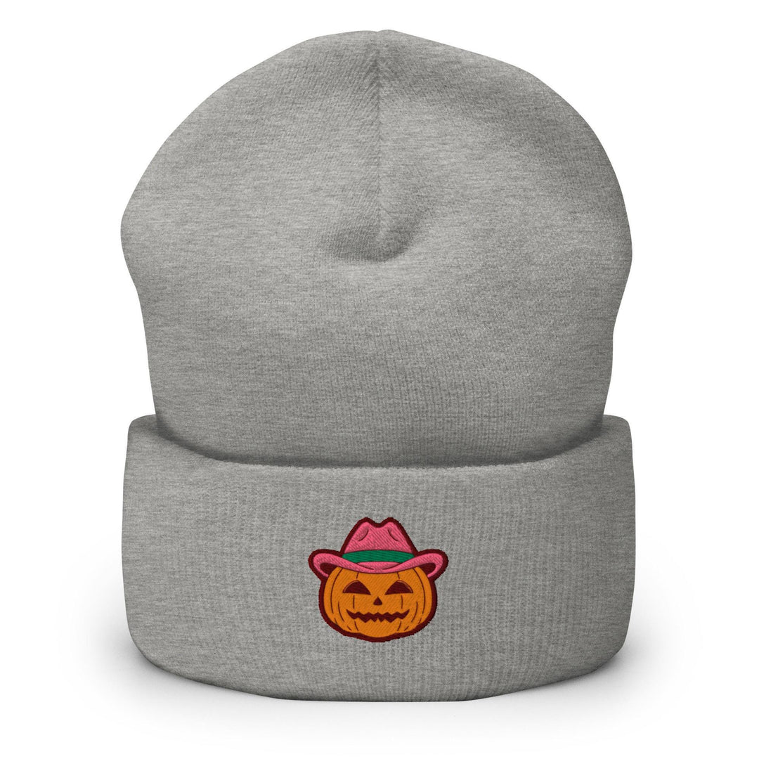 a grey beanie with a pumpkin wearing a hat