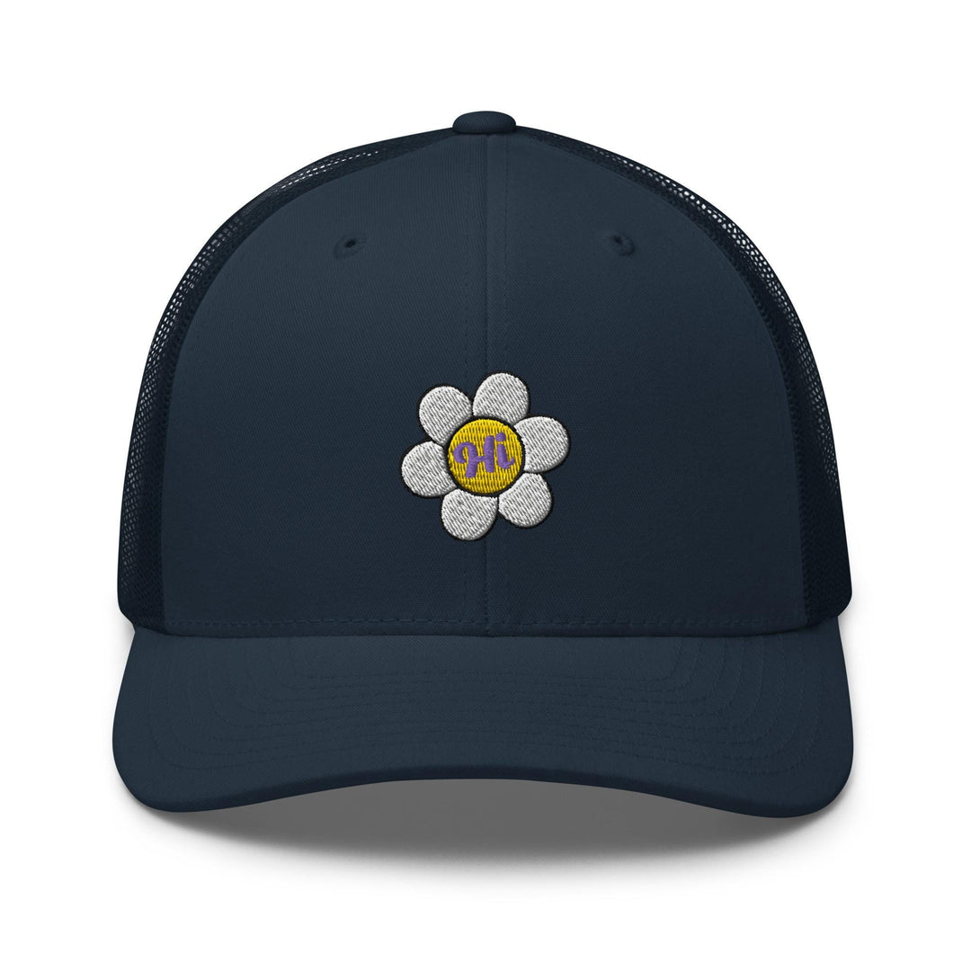 a blue trucker hat with a flower on the front