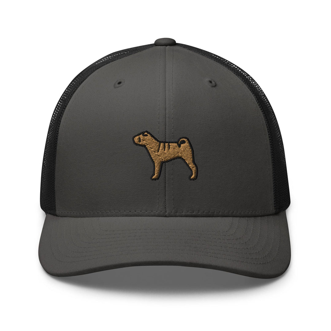 a gray and black hat with a brown dog on it