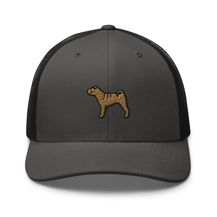 a gray and black hat with a brown dog on it