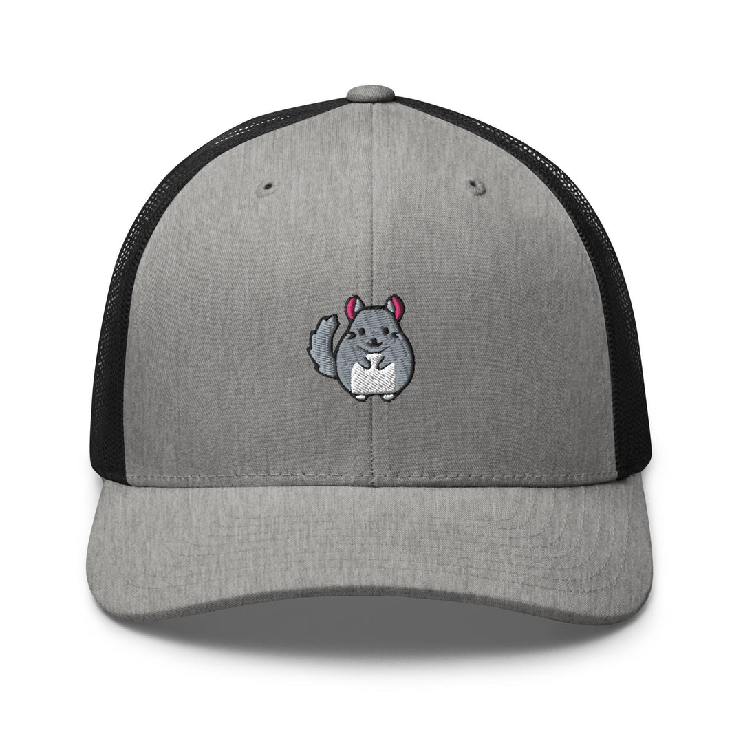 a gray and black trucker hat with an elephant embroidered on the front