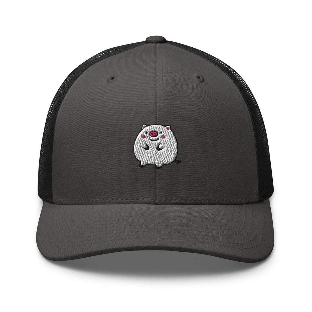 a gray and black trucker hat with a white dog on it