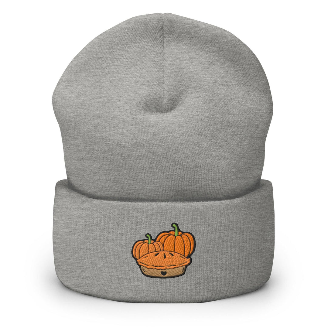a gray beanie with a cartoon pumpkin on it