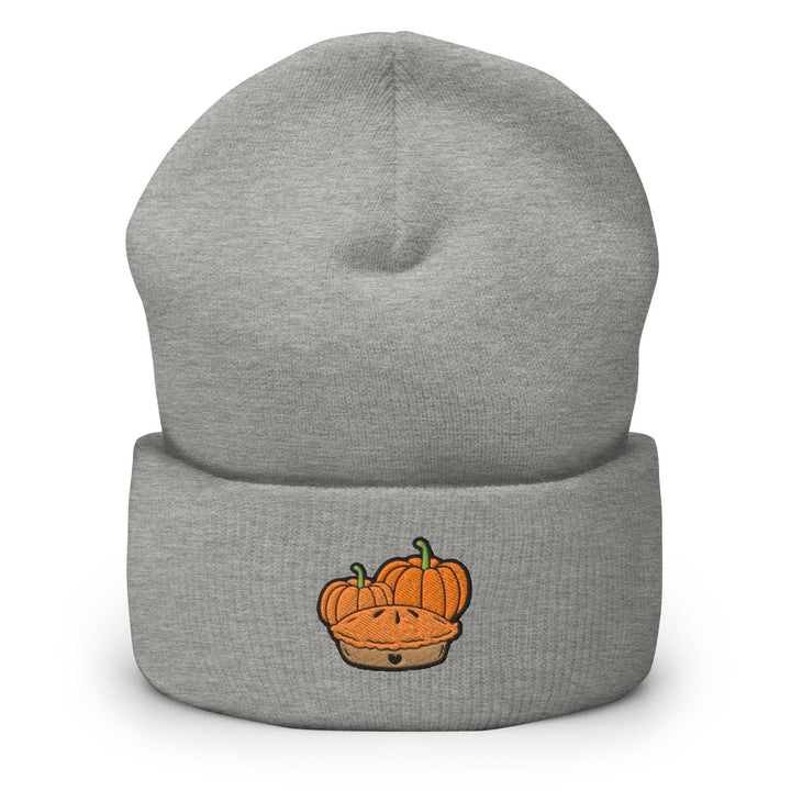 a gray beanie with a cartoon pumpkin on it