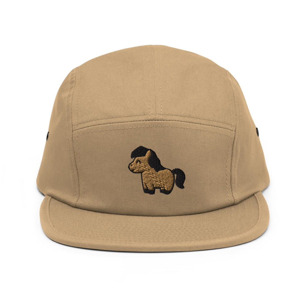 a brown hat with a horse embroidered on it