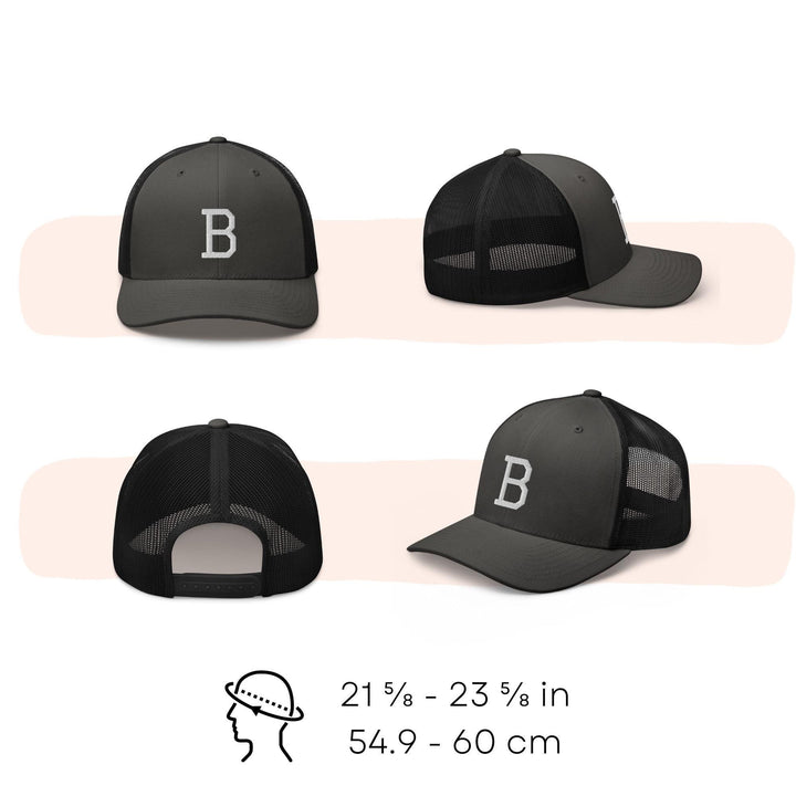 a set of three different hats with the letter b on them