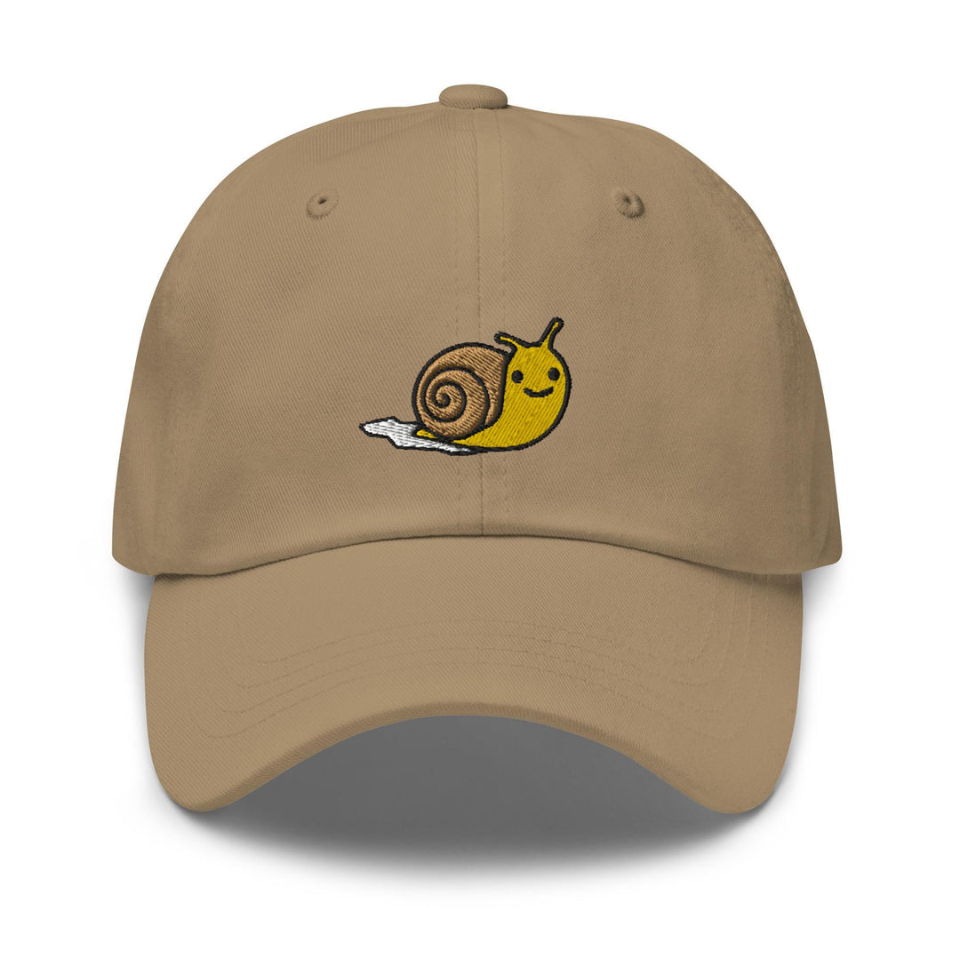 a baseball cap with a snail on it