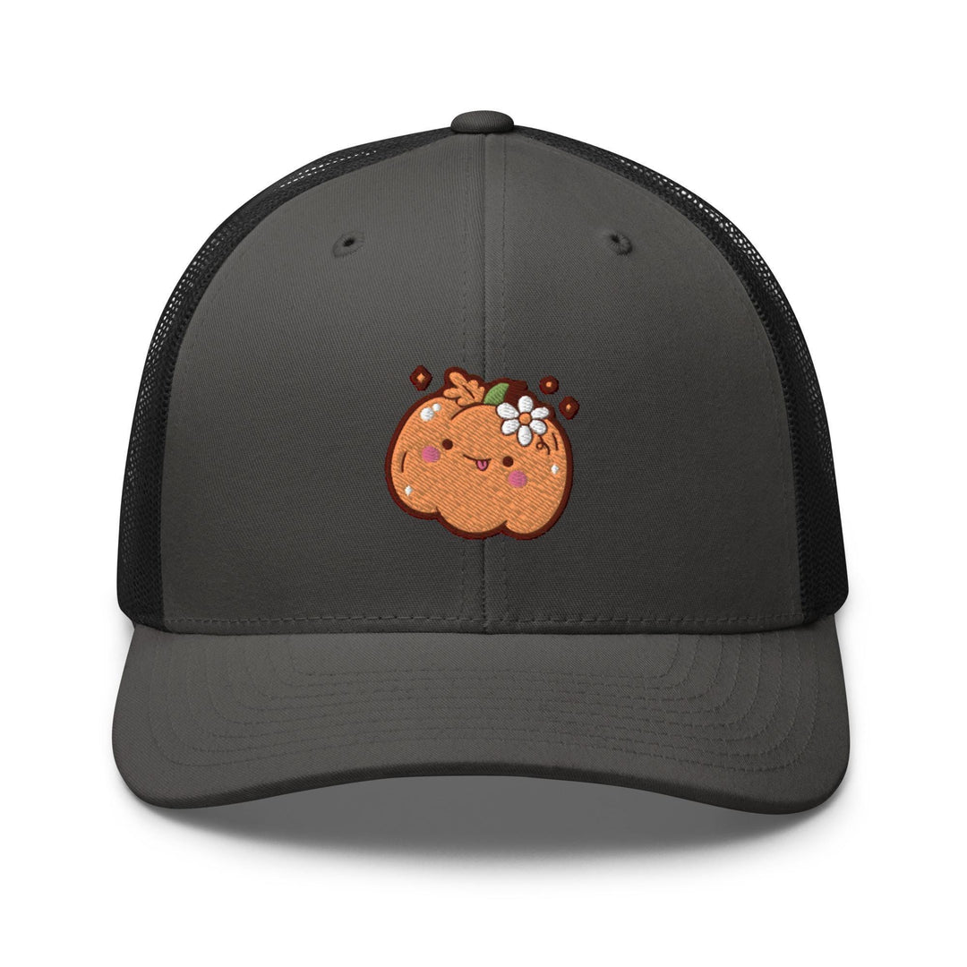 a gray and black trucker hat with an orange pumpkin embroidered on the front