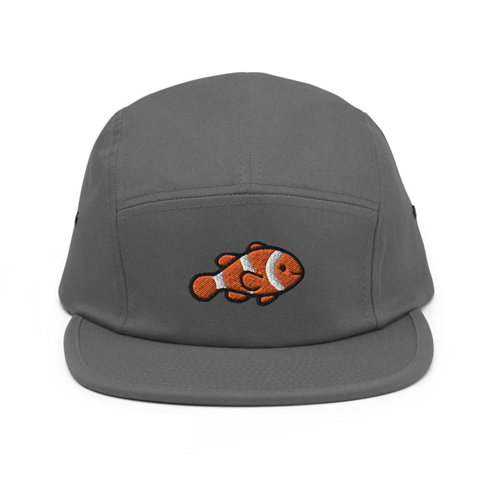 a gray hat with an orange clown fish embroidered on it