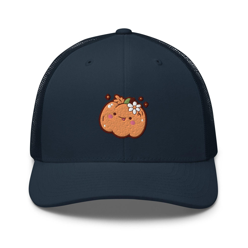 a blue trucker hat with a pumpkin embroidered on the front