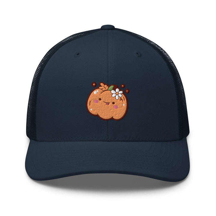 a blue trucker hat with a pumpkin embroidered on the front