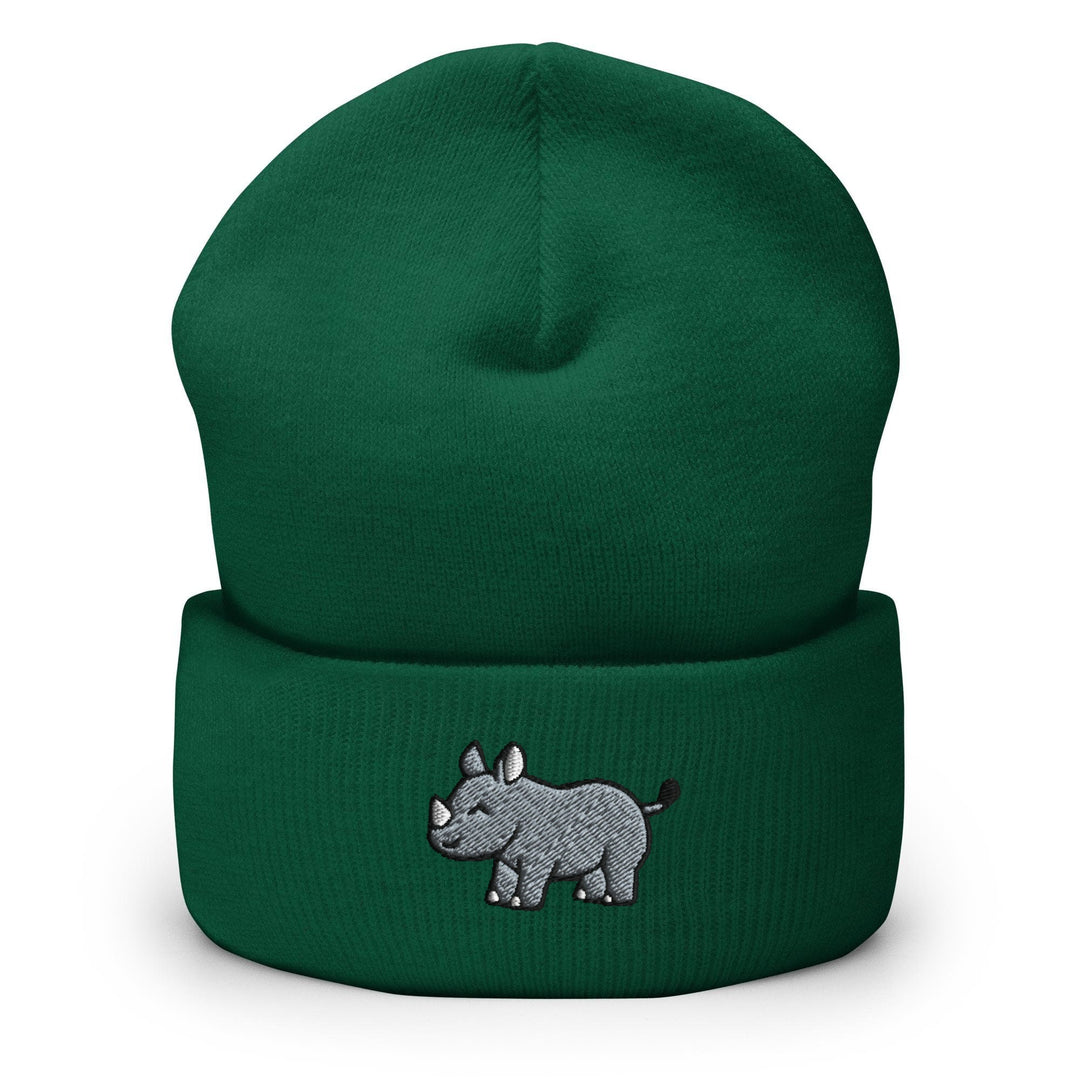 a green beanie with a rhino embroidered on it