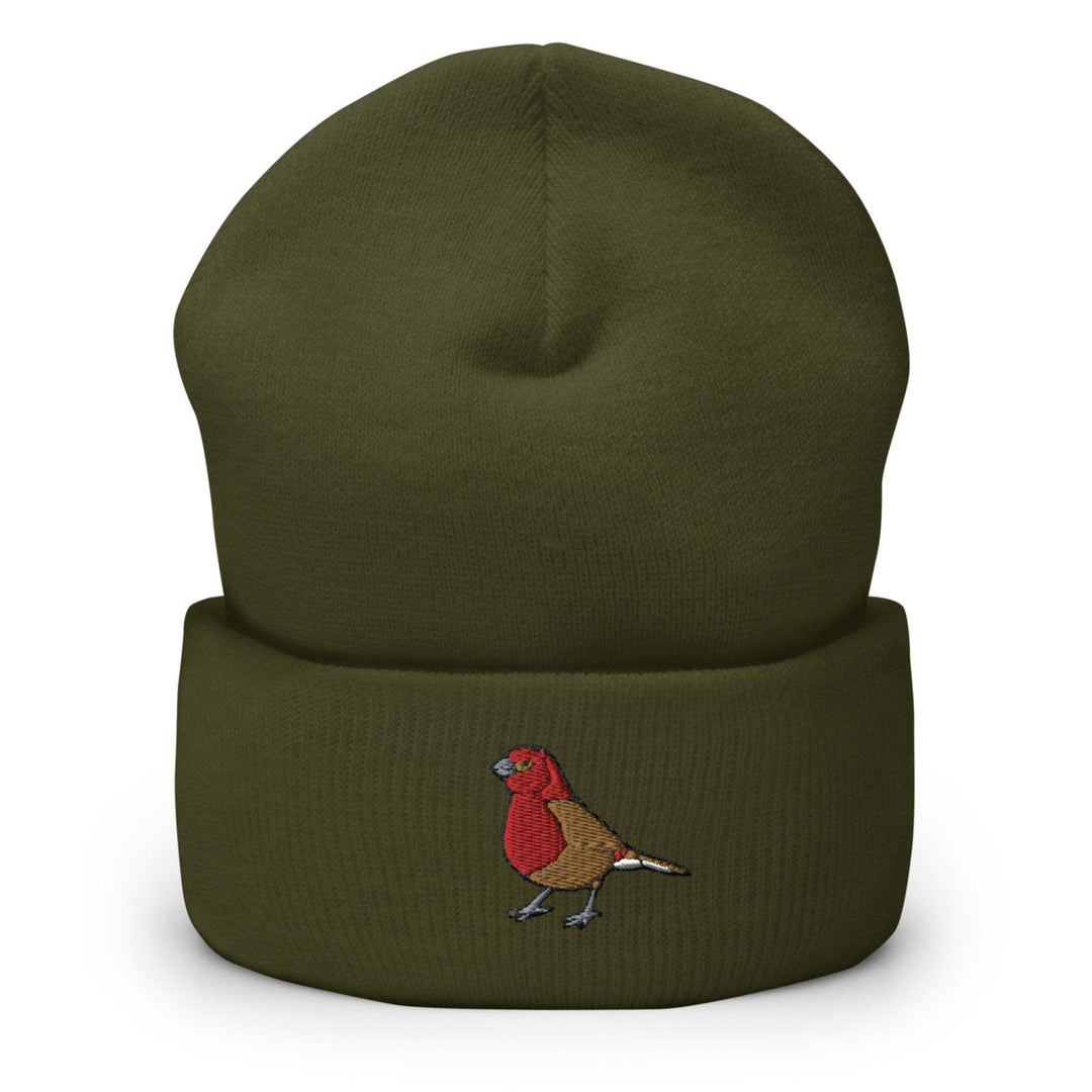 a green beanie with a red bird embroidered on it