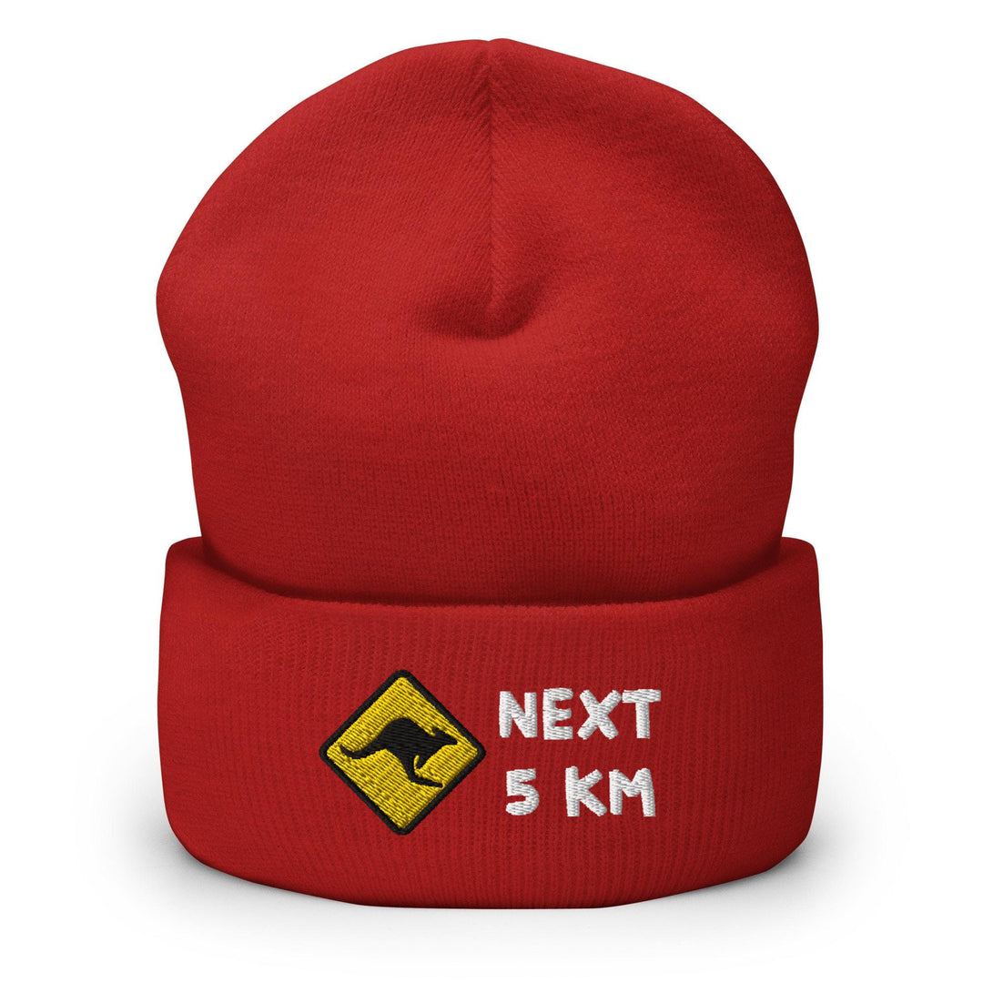a red hat with a kangaroo on it