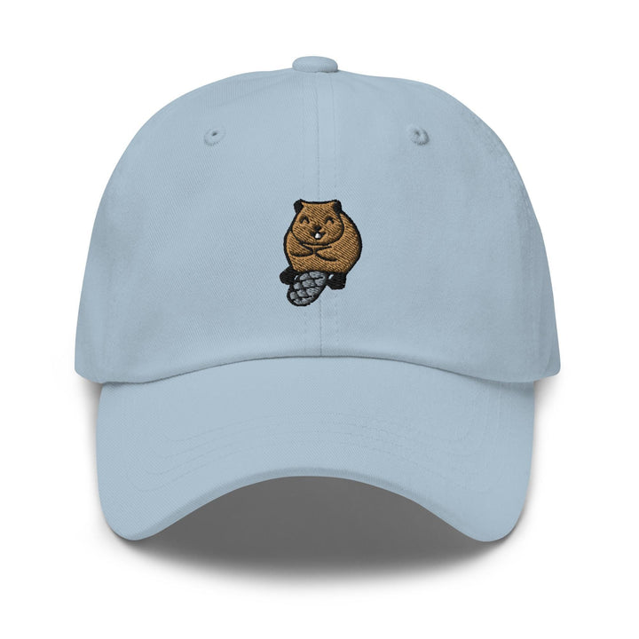 a light blue hat with a beaver on it