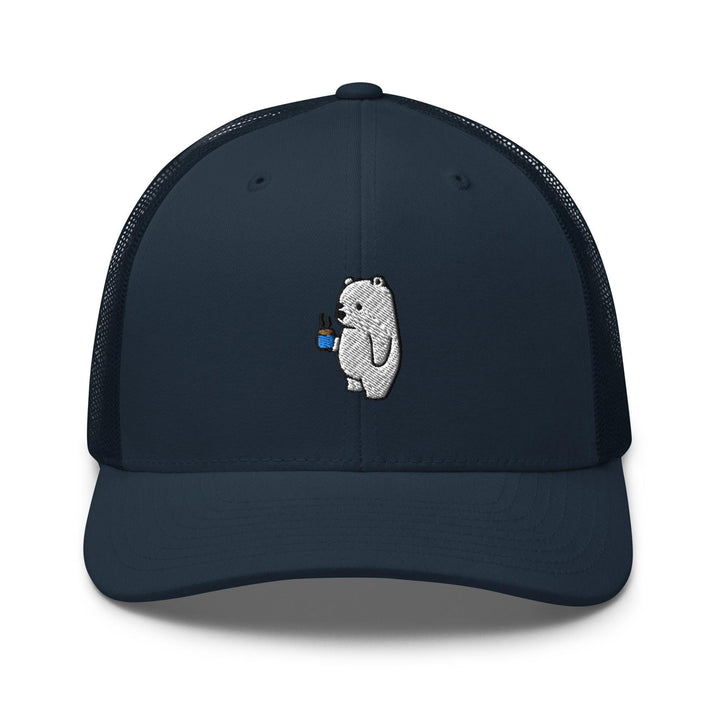 a blue trucker hat with a koala on it