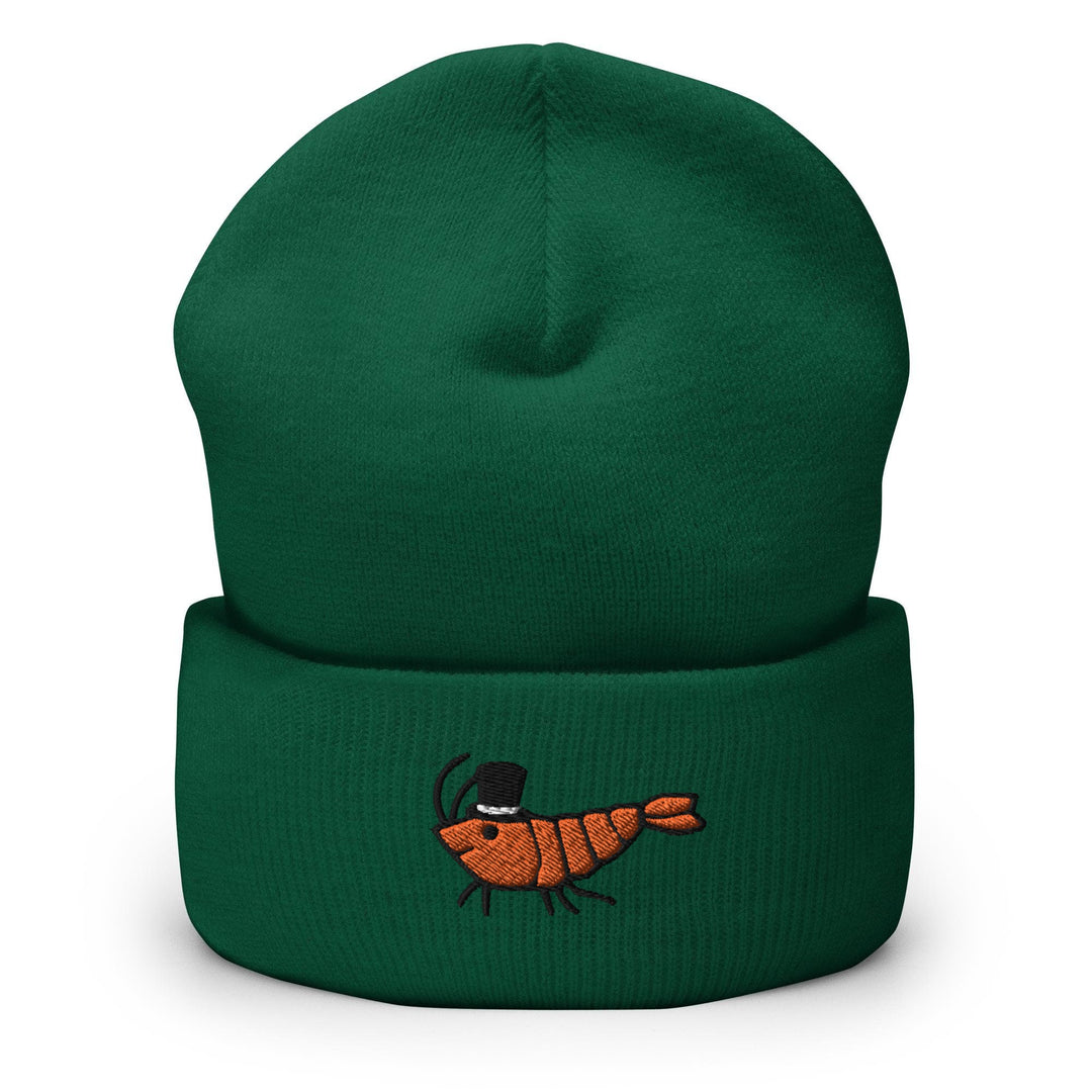 a green beanie with a picture of a bug on it