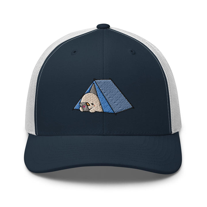 a blue and white trucker hat with a picture of a tent