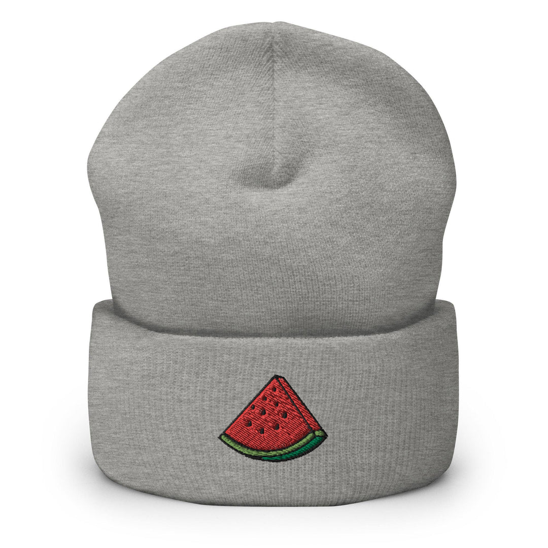 a grey beanie with a watermelon on it