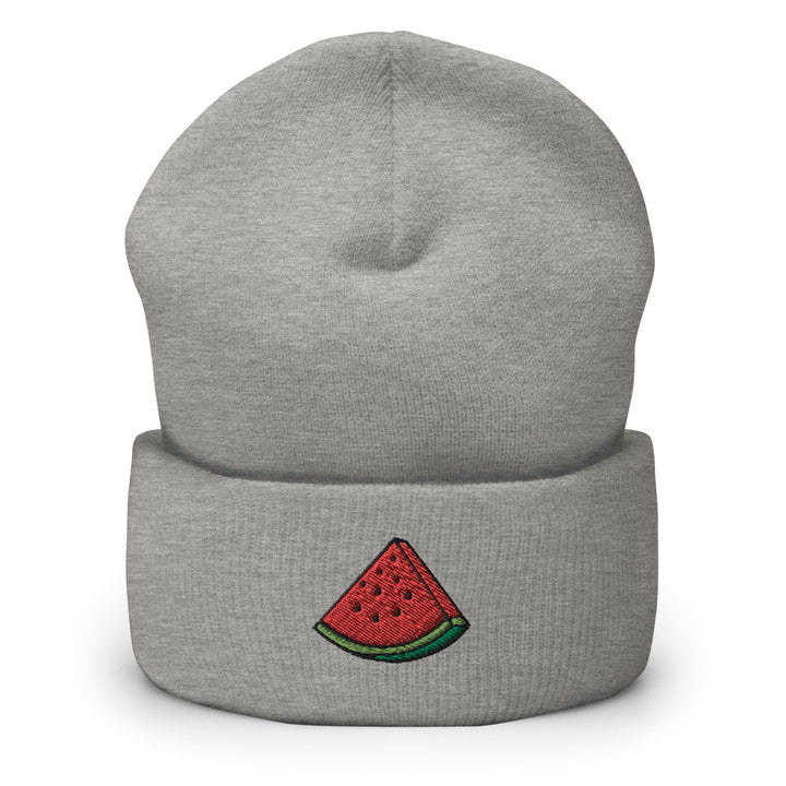 a grey beanie with a watermelon on it