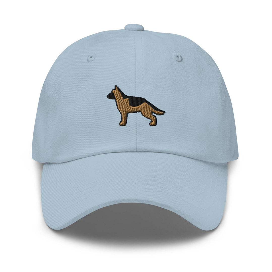 a light blue hat with a dog embroidered on it
