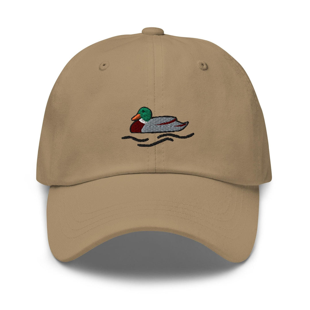 a tan hat with a duck on it
