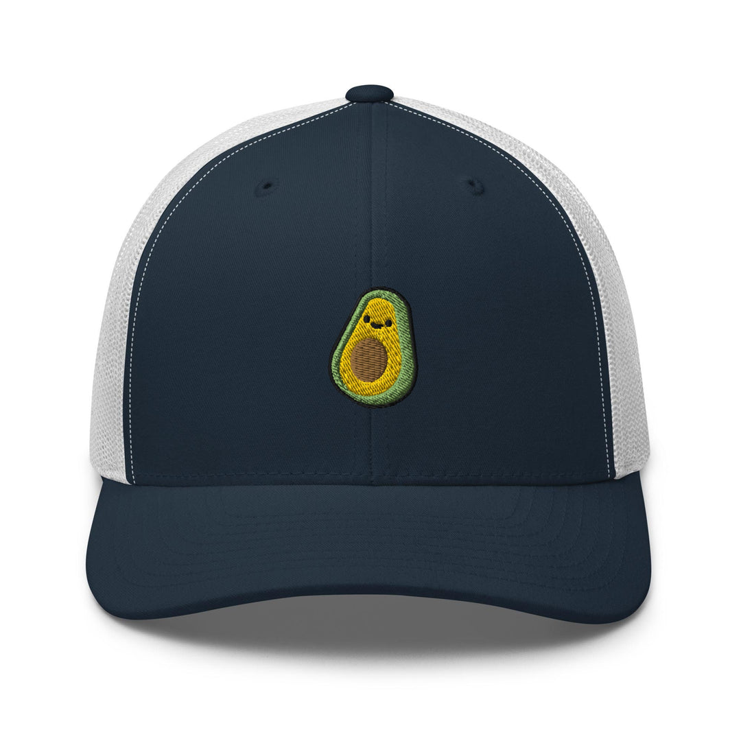 a trucker hat with an avocado embroidered on the front