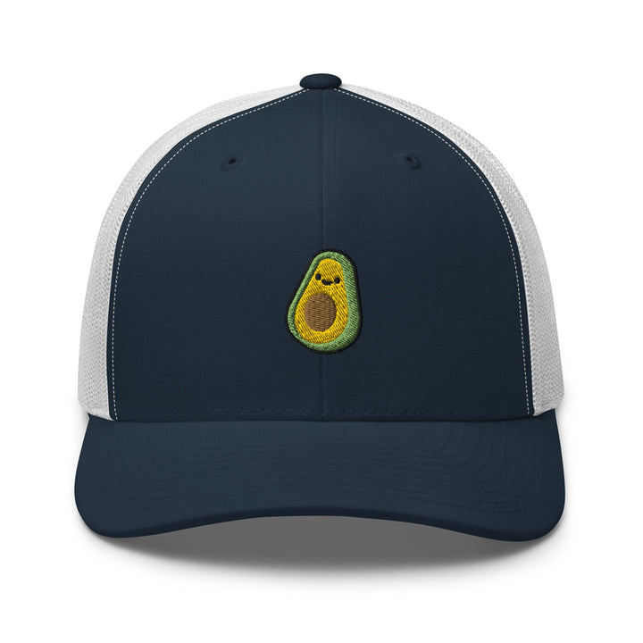 a trucker hat with an avocado embroidered on the front