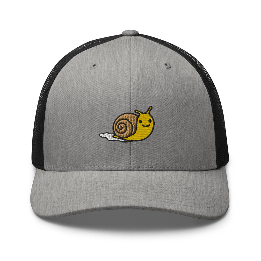 a gray and black hat with a snail on it
