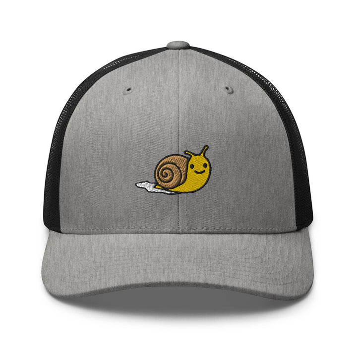 a gray and black hat with a snail on it