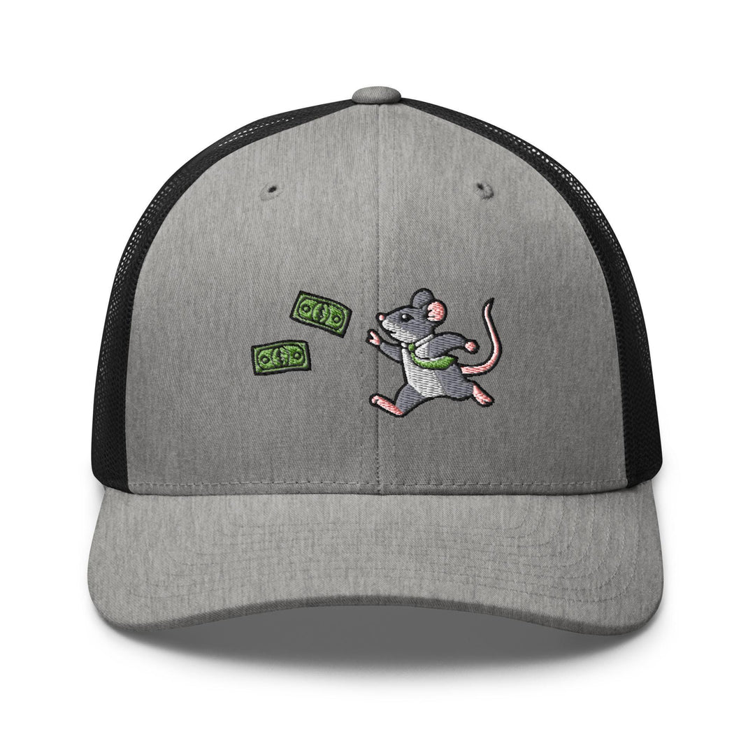 a gray and black trucker hat with a cartoon mouse on it
