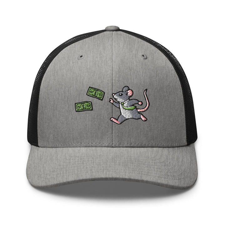a gray and black trucker hat with a cartoon mouse on it