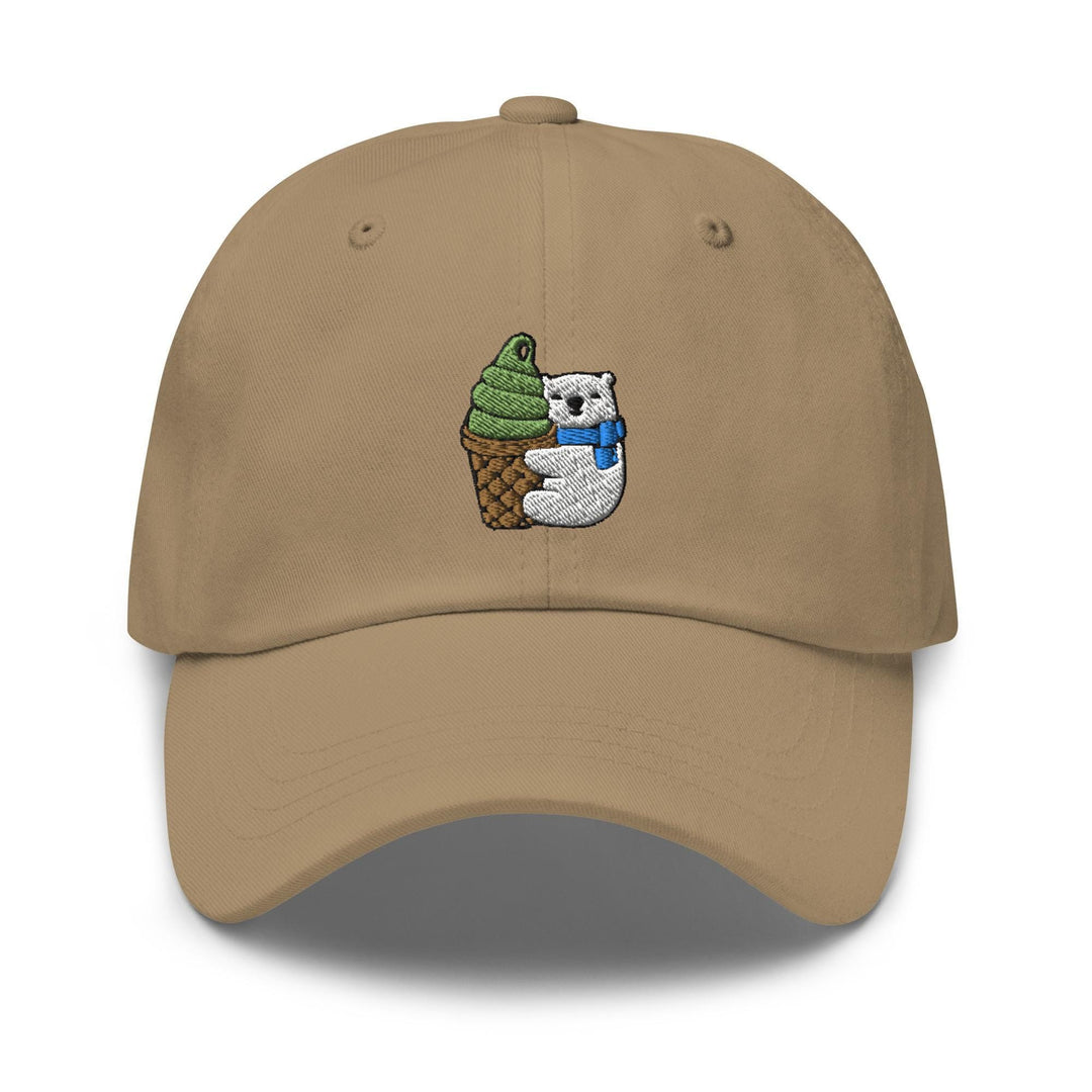 a baseball cap with a bear holding an ice cream cone