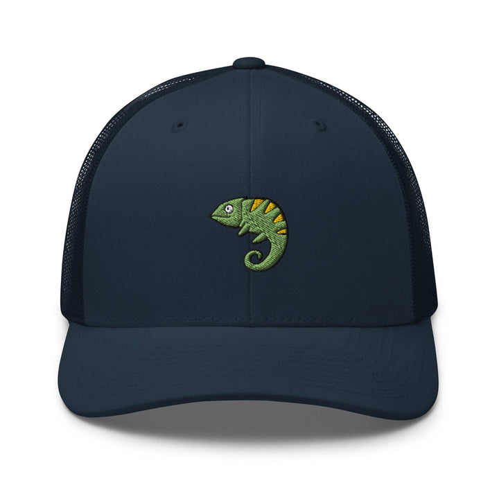 a blue hat with a green chamelon embroidered on it