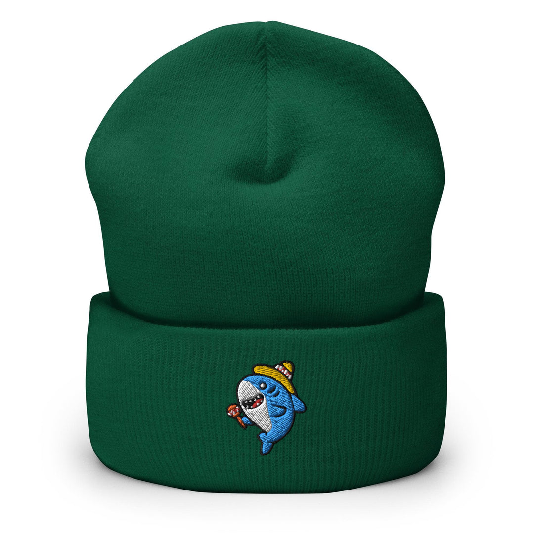 a green beanie with a cartoon character on it
