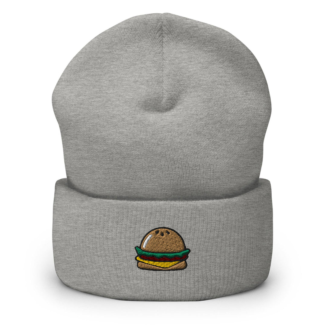 a grey beanie with a hamburger on it
