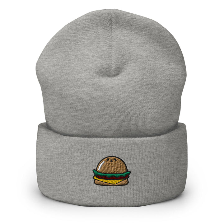 a grey beanie with a hamburger on it