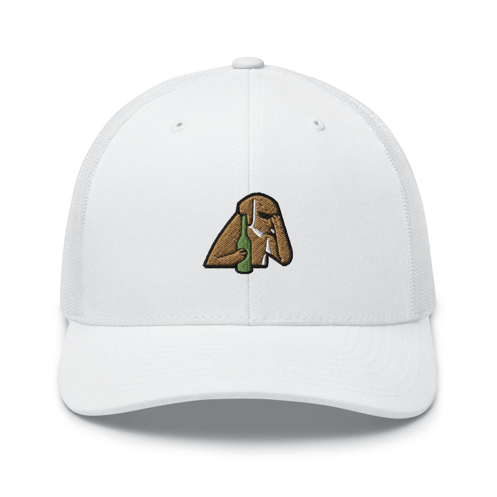 a white hat with a brown dog on it
