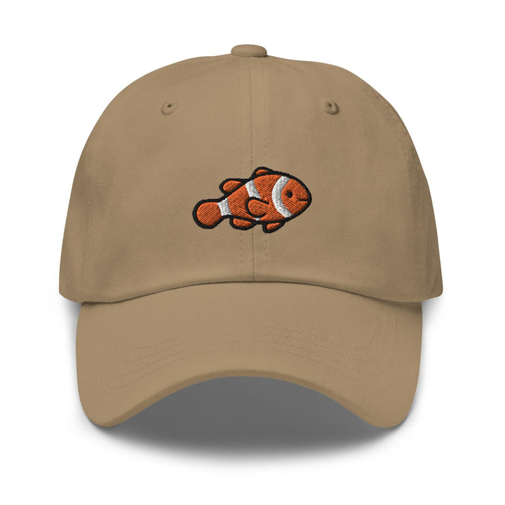 a tan hat with an orange clown fish embroidered on it