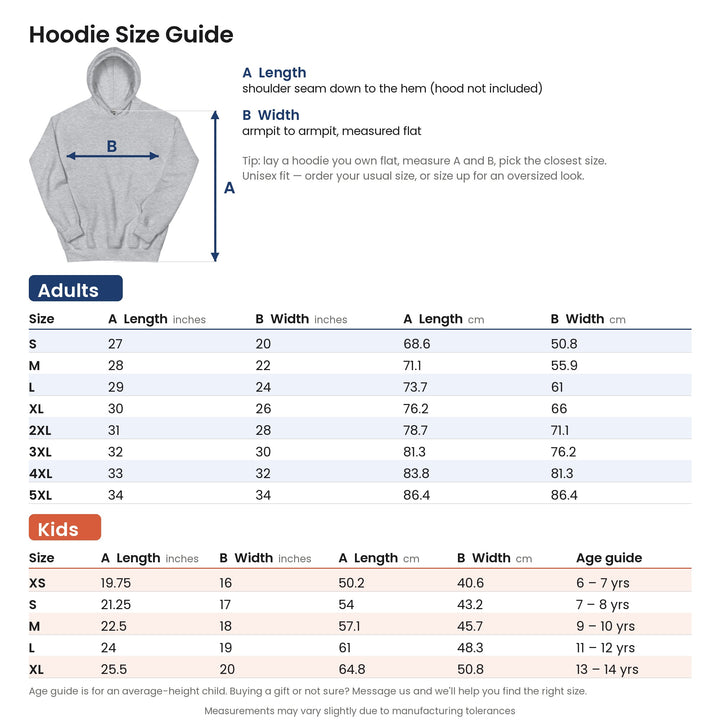Hoodie size guide: adults and kids