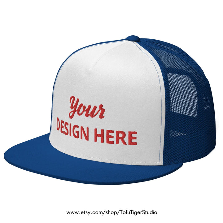 5 PANEL TRUCKER - Your Design, Logo or Text - Embroidered High Profile Mesh Back Snapback  - Bulk Order Discounts Available