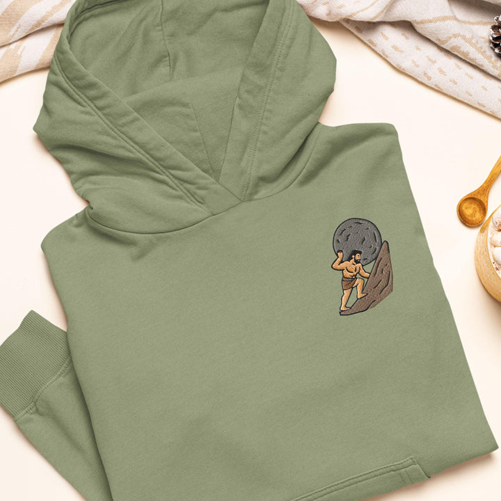 Sisyphus Pushing Boulder Embroidered Hoodie: Heavy Blend Cotton-Poly, Unisex Fit