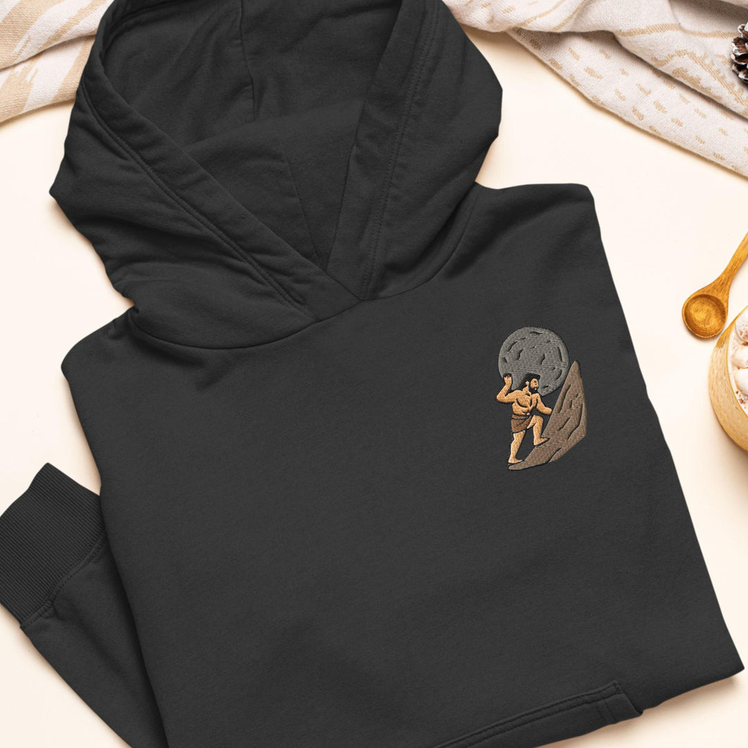 Sisyphus Pushing Boulder Embroidered Hoodie: Heavy Blend Cotton-Poly, Unisex Fit